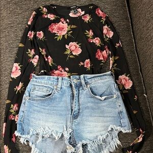 Fashion Nova Black Blouse with Pink Floral Design